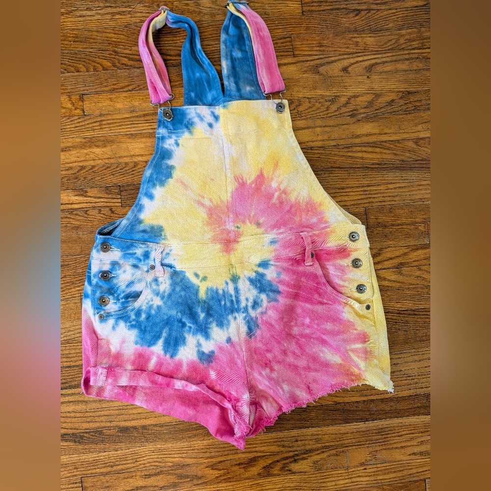 Blackheart Tie-Dye Short Overalls in Pink, Blue & Yellow